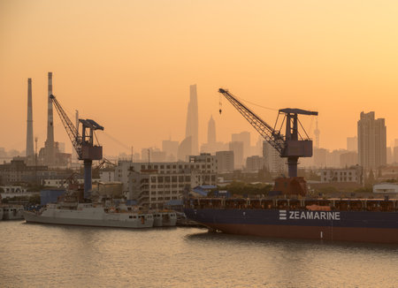 SHANGHAI, CHINA - OCTOBER 27, 2018: Shipbuilding along banks of River Huangpu in Shanghai, China