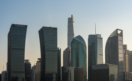 SHANGHAI, CHINA - 27 OCTOBER 2018: Panorama of the Pudong district of city of Shanghai at sunsetのeditorial素材