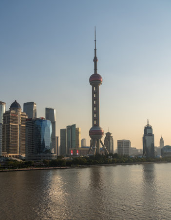 SHANGHAI, CHINA - 27 OCTOBER 2018: Panorama of the Pudong district of city of Shanghai at sunsetのeditorial素材