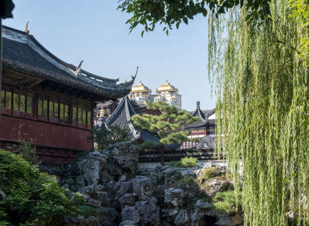 Ornamental rock garden in Yu or Yuyuan Garden in  the old city of Shanghaiの写真素材