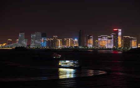 XIAMEN, CHINA - OCTOBER 30, 2018: Illuminated light show on apartments and office buildings of Xiamenのeditorial素材