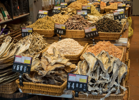 XIAMEN, CHINA - OCTOBER 30, 2018: Seafood for sale in bulk on Gulangyu islandのeditorial素材