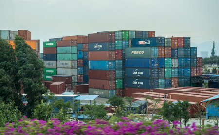 XIAMEN, CHINA - OCTOBER 31, 2018: Containers stacked and ready for shipping in Port of Xiamenのeditorial素材
