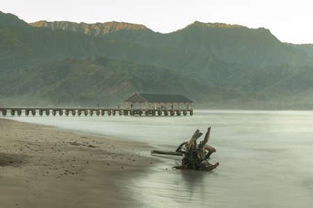Sunrise lights driftwood on Hanalei Bay with the Na Pali coast in the background near Hanalei, Kauai, Hawaiiの写真素材
