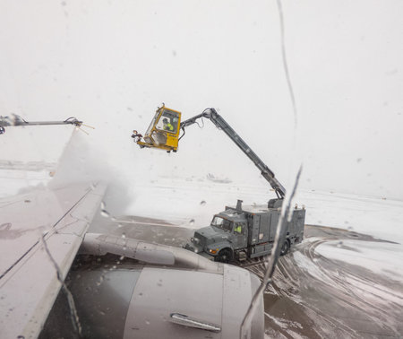 DENVER, COLORADO - JANUARY 24, 2019: Passenger view through window of deicing spray on plane wingのeditorial素材