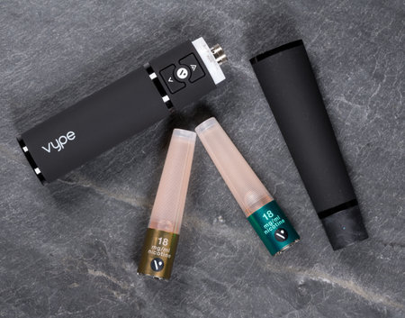 MORGANTOWN, WV - 6 MARCH 2019: Vype e-cigarette or ePen nicotine vapour kit on slate