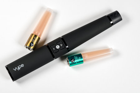 MORGANTOWN, WV - 6 MARCH 2019: Vype e-cigarette or ePen nicotine vapour kit on white backgroundのeditorial素材