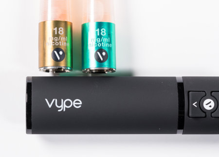 MORGANTOWN, WV - 6 MARCH 2019: Vype e-cigarette or ePen nicotine vapour kit on white backgroundのeditorial素材