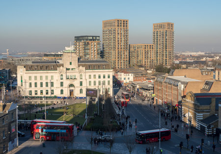 LONDON, ENGLAND - 26 FEBRUARY 2019: Large TV sign in Gordon Square near Woolwich Arsenal DLR stationのeditorial素材