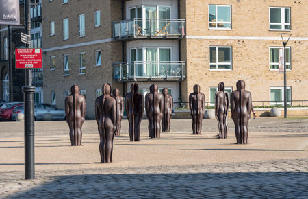 LONDON, ENGLAND - 26 FEBRUARY 2019: Sixteen metal sculptures called Assembly in Royal Arsenal Riverside developmentのeditorial素材