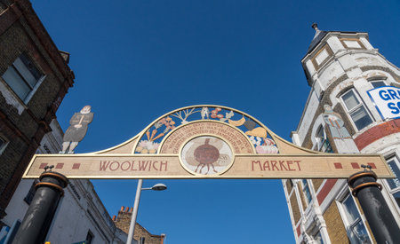 LONDON, ENGLAND - 26 FEBRUARY 2019: Entrance sign to Woolwich Market near Woolwich Arsenal DLR stationのeditorial素材