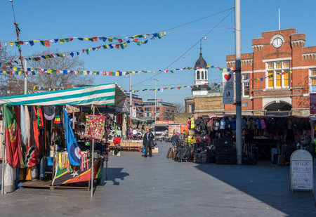 LONDON, ENGLAND - 26 FEBRUARY 2019: Colorful stalls on Woolwich Market near Woolwich Arsenal DLR stationのeditorial素材