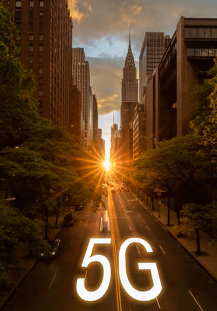 Manhattanhenge provides background for 5G wireless technology in New York City USAの写真素材