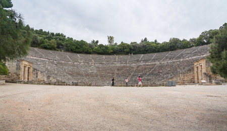 EPIDAURUS, GREECE - 15 MAY 2019: Tourists in theater of the Sanctuary of Asklepios at Epidaurusのeditorial素材