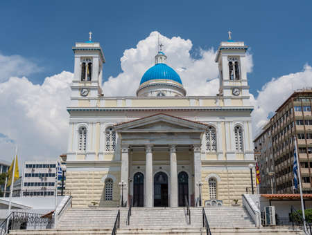 Entrance steps to the Greek Orthodox church of St Nicholas in Piraeusの写真素材