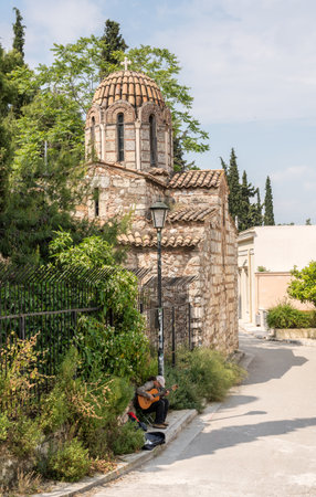 ATHENS, GREECE - 17 MAY 2019: St Simeon church in ancient district of Anafiotika in Athens just below the Acropolisのeditorial素材