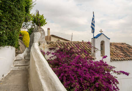 St George on the Cliff church in ancient district of Anafiotika in Athens just below the Acropolisの写真素材
