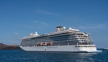 SANTORINI, GREECE - 18 MAY 2019: Viking Star cruise ship bringing tourists to island of Santoriniのeditorial素材