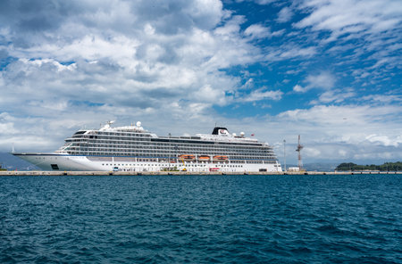 CORFU, GREECE - 20 MAY 2019: Viking Star cruise ship in port of Kerkyra on Corfuのeditorial素材