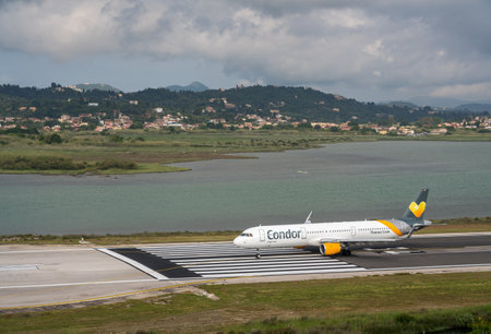CORFU, GREECE - 20 MAY 2019: Condor Airbus A321 on runway in Corfuのeditorial素材