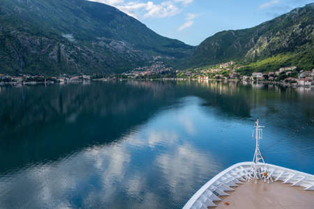 Approaching town of Kotor and the coastline of Gulf of Kotor in Montenegroの写真素材