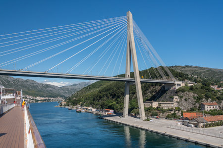 Dubrovnik, Croatia - 22 May 2019: Cruise ship leaving port by the Franjo Tudman bridge in the Dubrovnik cruise port near the old townのeditorial素材