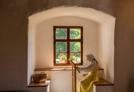 Predjama, Slovenia - 24 May 2019: Display of everyday life in castle of Predjama built into a cave...