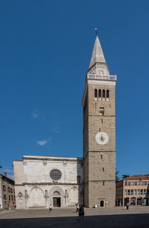 Koper, Slovenia - 24 May 2019: Cathedral and clock tower in the old town of Koper in Sloveniaのeditorial素材