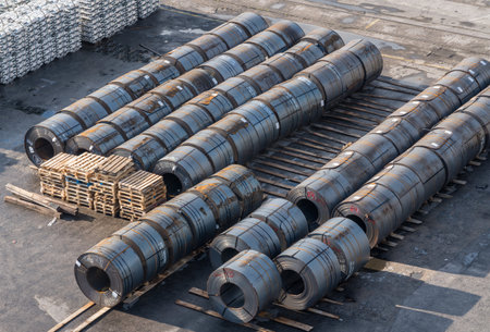 Koper, Slovenia - 24 May 2019: Rolls of steel line the quayside in the Port of Koper in Sloveniaのeditorial素材