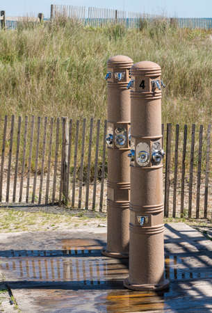 Two modern beach showers by the sand in Atlantic City on the New Jersey coastの写真素材