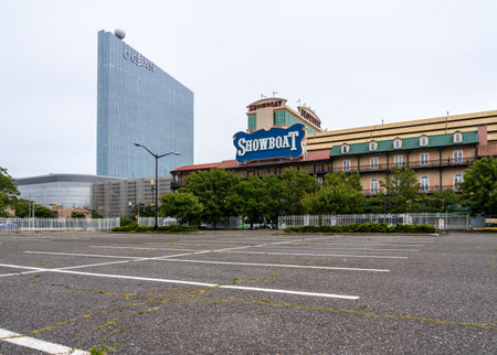 Atlantic City, NJ - 11 June 2019: Empty parking lot by Showboat Casino with Ocean Casino behind in Atlantic City on the New Jersey coastのeditorial素材