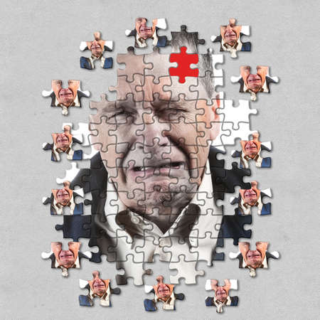 Front view and face of senior caucasian man afraid of mental illness, dementia or Alzheimers disease...