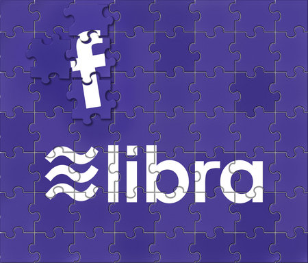 Morgantown, WV - 15 July 2019: Jigsaw shapes illustrate Blockchain technology using Libra symbol as a concept for involvement of Facebook in cyber currencyのeditorial素材