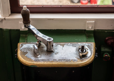 Lisbon, Portugal - 9 August 2019: General Electric control panel inside old funicular railway tramのeditorial素材
