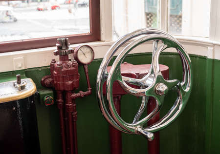 Interior of old funicular railway tram in Lisbon Portugal