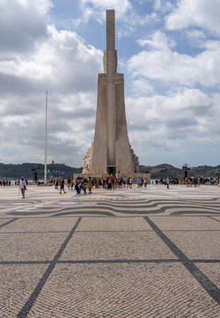 Lisbon, Portugal - 10 August 2019: Tourists at the Monument of the Discoveries by River Tagus in Belem, Portugalのeditorial素材