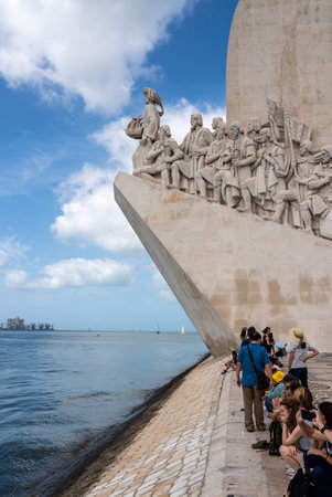 Lisbon, Portugal - 10 August 2019: Tourists at the Monument of the Discoveries by River Tagus in Belem, Portugalのeditorial素材