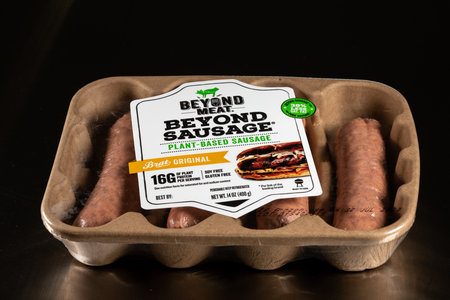 MORGANTOWN, WV - 10 September 2019: Packaging for Beyond Meat Beyond plant-based Sausage on steel tableのeditorial素材