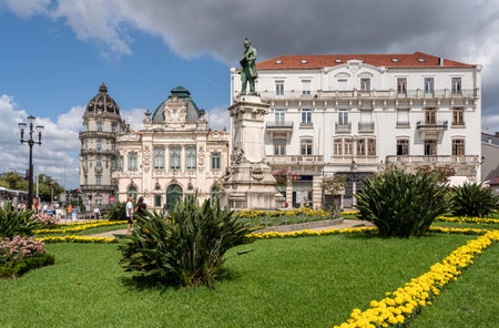 Coimbra, Portugal - 11 August 2019: Ornate exterior of the Bank of Portugal branch office in Coimbraのeditorial素材