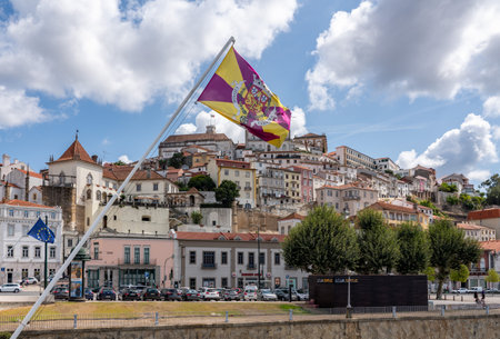 Coimbra, Portugal - 11 August 2019: University of Coimbra on hilltop above the city from Santa Clara bridgeのeditorial素材