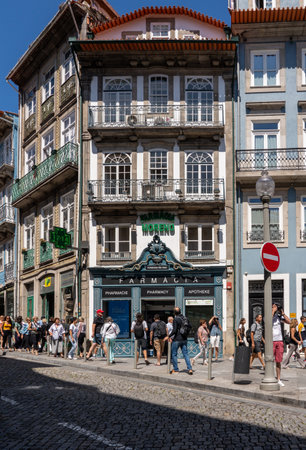 Porto, Portugal - 12 August 2019: Facade of the old Farmacia Moreno in Oportoのeditorial素材