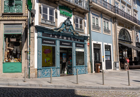 Porto, Portugal - 12 August 2019: Facade of the old Farmacia Moreno in Oportoのeditorial素材