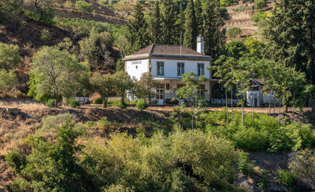 Viseu, Portugal - 14 August 2019: Vargelas railway station and ticket office on the riverbank by the river Douro in Portugalのeditorial素材