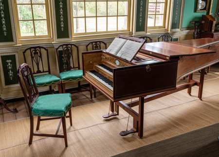 Mount Vernon, VA - 5 November 2019: Antique harpsicord or piano in the interior of George...