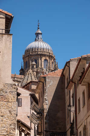 Exterior view of the dome and carvings on the roof of the old Cathedral in Salamancaの写真素材
