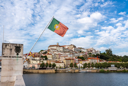 Coimbra, Portugal - 19 August 2019: University of Coimbra on hilltop above the city from Santa Clara bridgeのeditorial素材