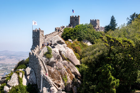 Sintra, Portugal - 21 August 2019: Tourists on the walls of the Moorish fortress above the Portuguese town of Sintraのeditorial素材