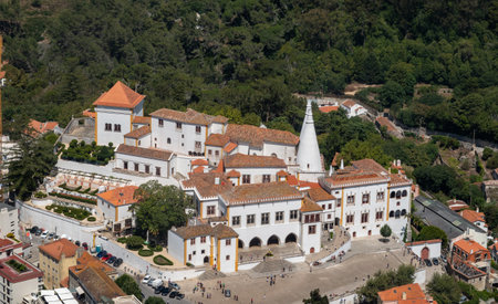 Sintra, Portugal - 21 August 2019: Aerial view of the town of Sintra and the National Palace from the walls of Moorish castleのeditorial素材