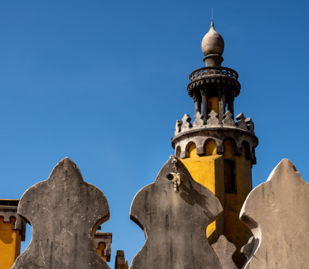 Sintra, Portugal - 21 August 2019: Security camera on the roof by the colorful and dramatic towers of Pena Palaceのeditorial素材