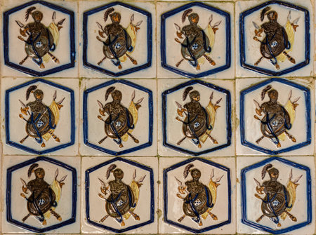 Sintra, Portugal - 21 August 2019: Rectangular pattern of ceramic wall tiles in Pena Palace with knights in armorのeditorial素材